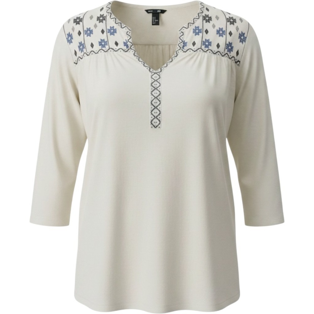 HM Basic Womens Small Cream Cotton Embroidered Boho 3/4 Sleeve Blouse Top‎